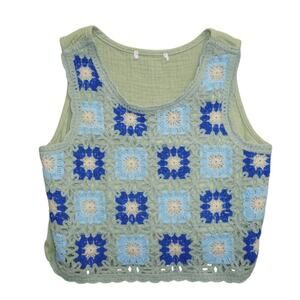 Boho Granny Square Crochet Knit Tank Top Blue Green Lined Sleeveless M